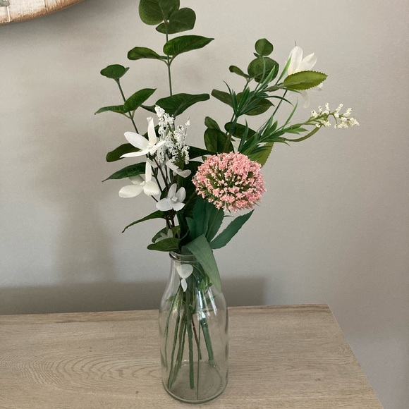 Other - ❌SOLD Handcrafted Faux Floral Arrangement in Glass Milk Bottle Vase